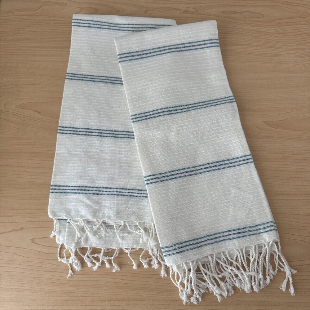 New Crate & Barrel Set 2 Kitchen Tea Towel Blue Stripe Seascape Modern Boho Lot